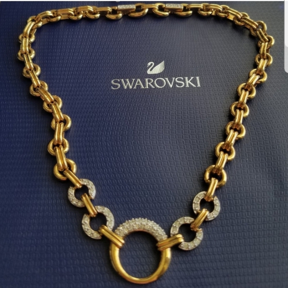 AUTHENTIC Swarovski 18k Gold Plated Chunky Chain Link Vintage Necklace - Picture 14 of 16